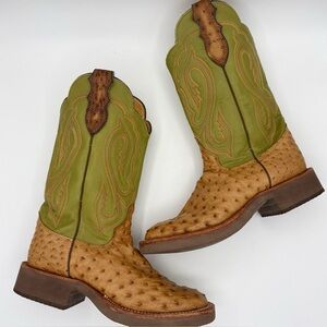 Justin Cowboy Boots Women’s 8B Exotic Full Quill Ostrich Tekno Crepe - GREEN TAN